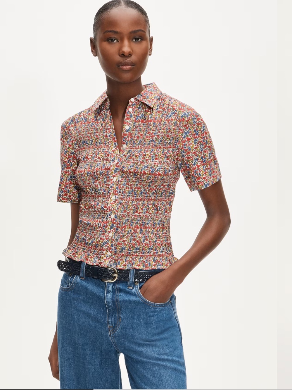 NWT J Crew Smocked short-sleeve button-up shirt in Liberty® floral fabric